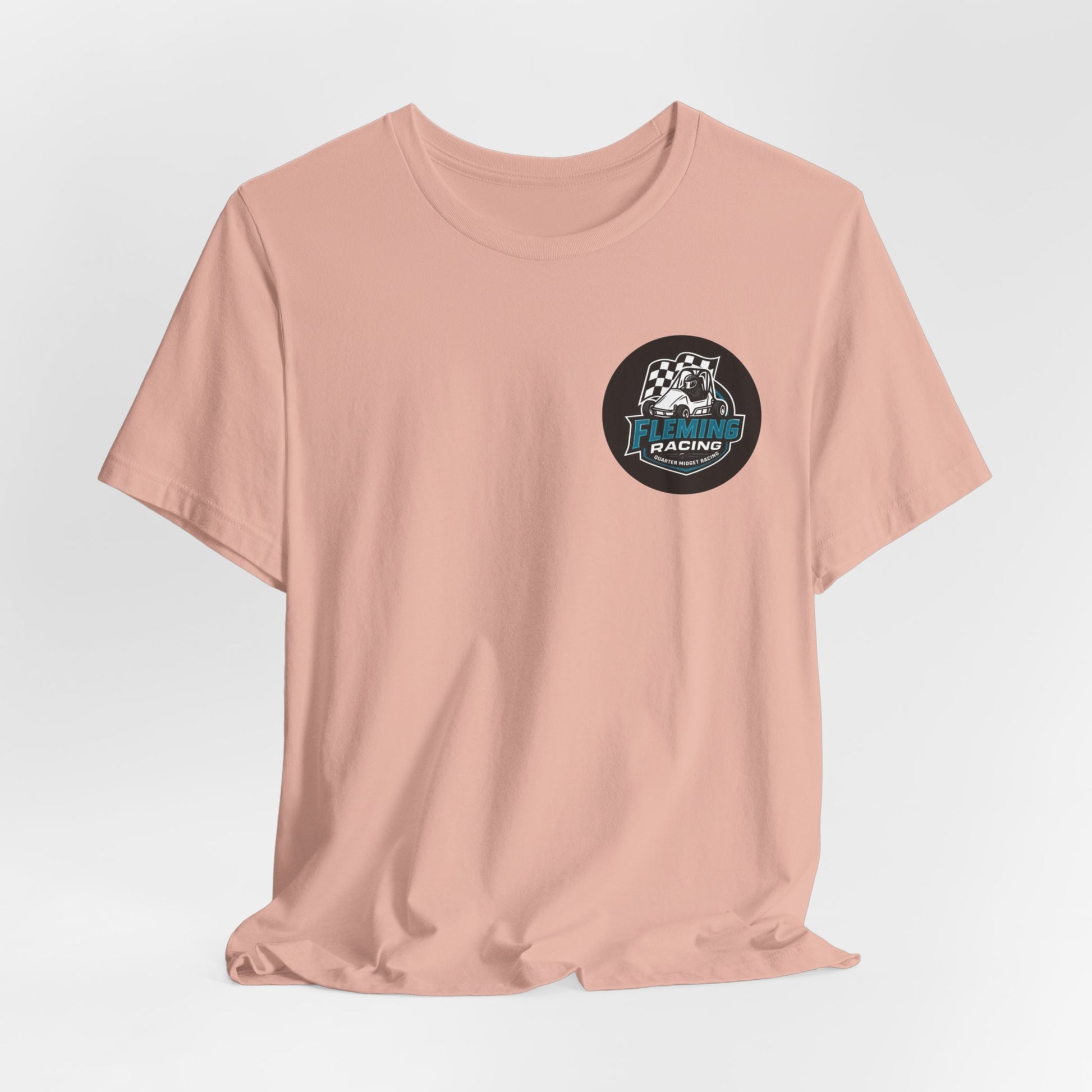 Light peach crew-neck T-shirt with Fleming Racing logo patch on chest