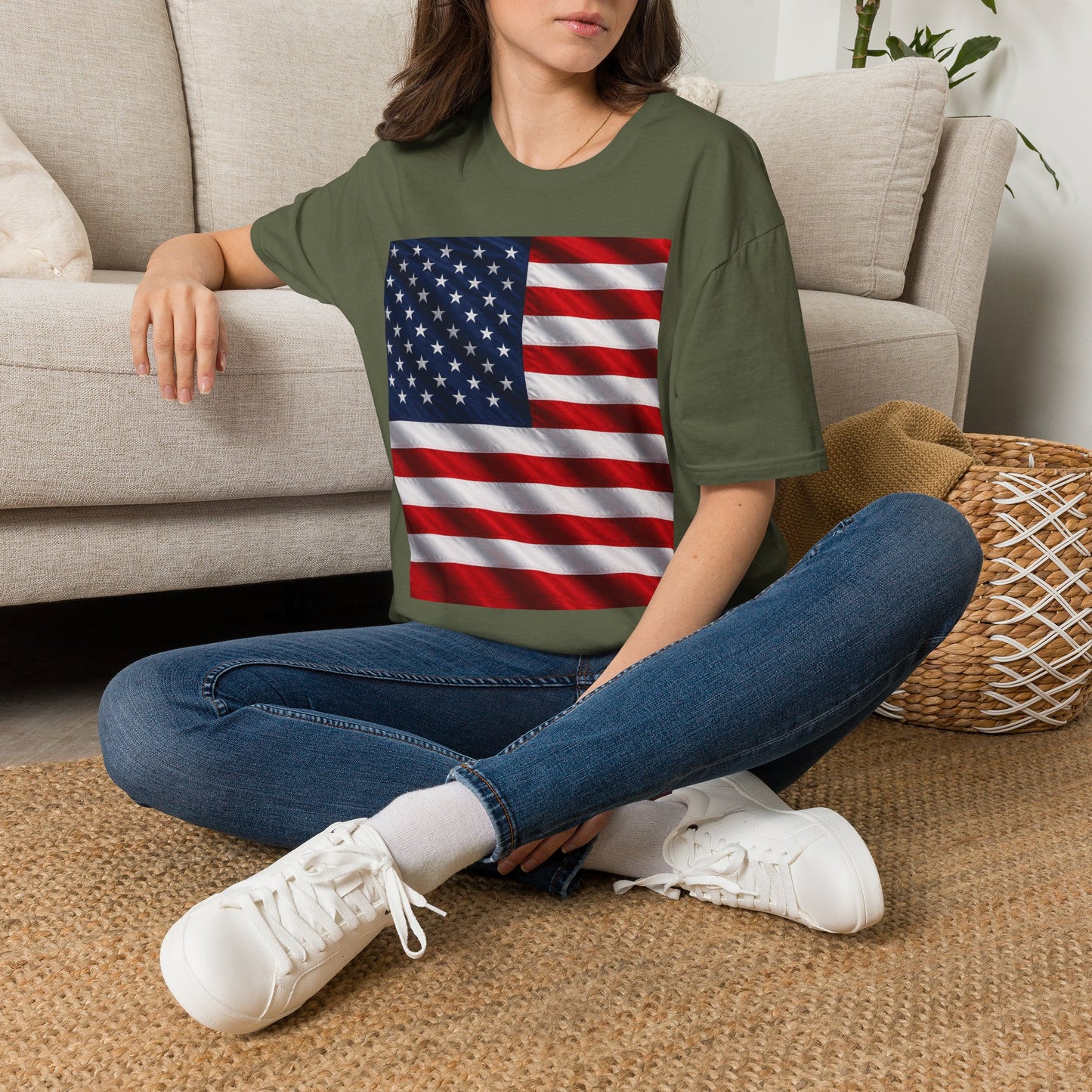 Military green graphic T-shirt with American flag print on the front, crew neck