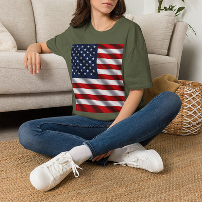 Military green graphic T-shirt with American flag print on the front, crew neck
