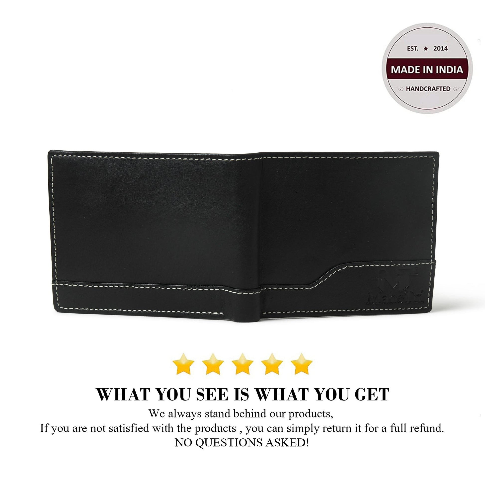 Black bi-fold leather wallet opened flat with interior divider and stitching.