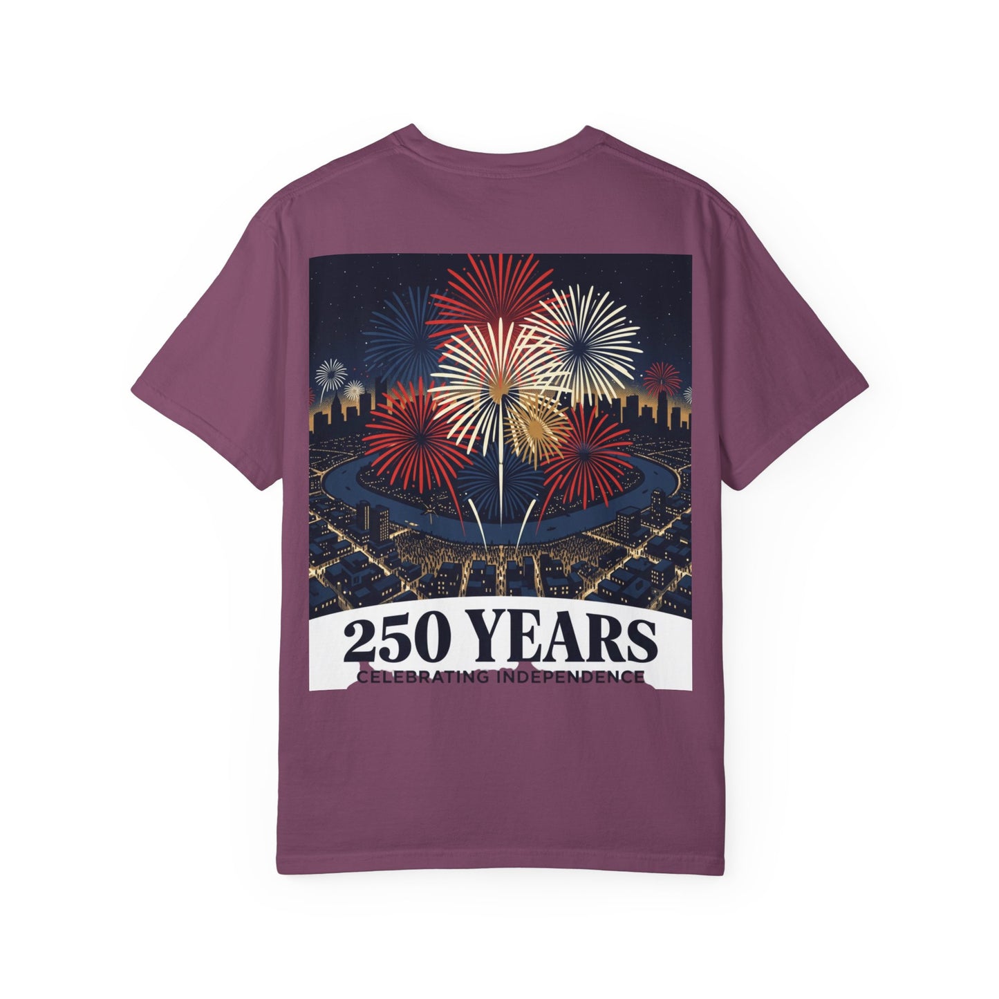 Plum T-shirt with 250 Years fireworks graphic and independence text on back