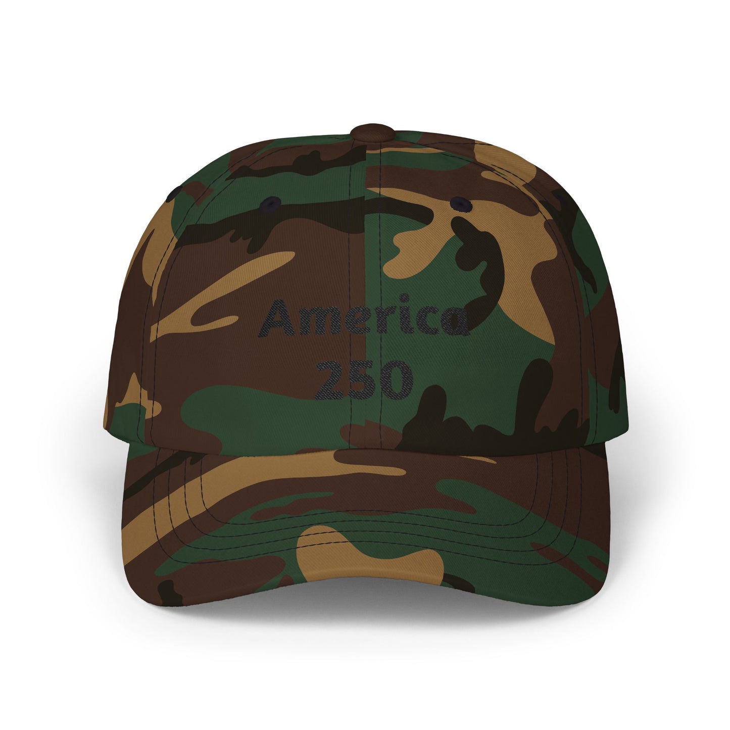 Green/brown camo dad cap with “America 250” front print