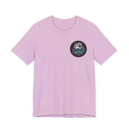 Lavender crewneck racing logo T-shirt with small circular emblem on the chest.