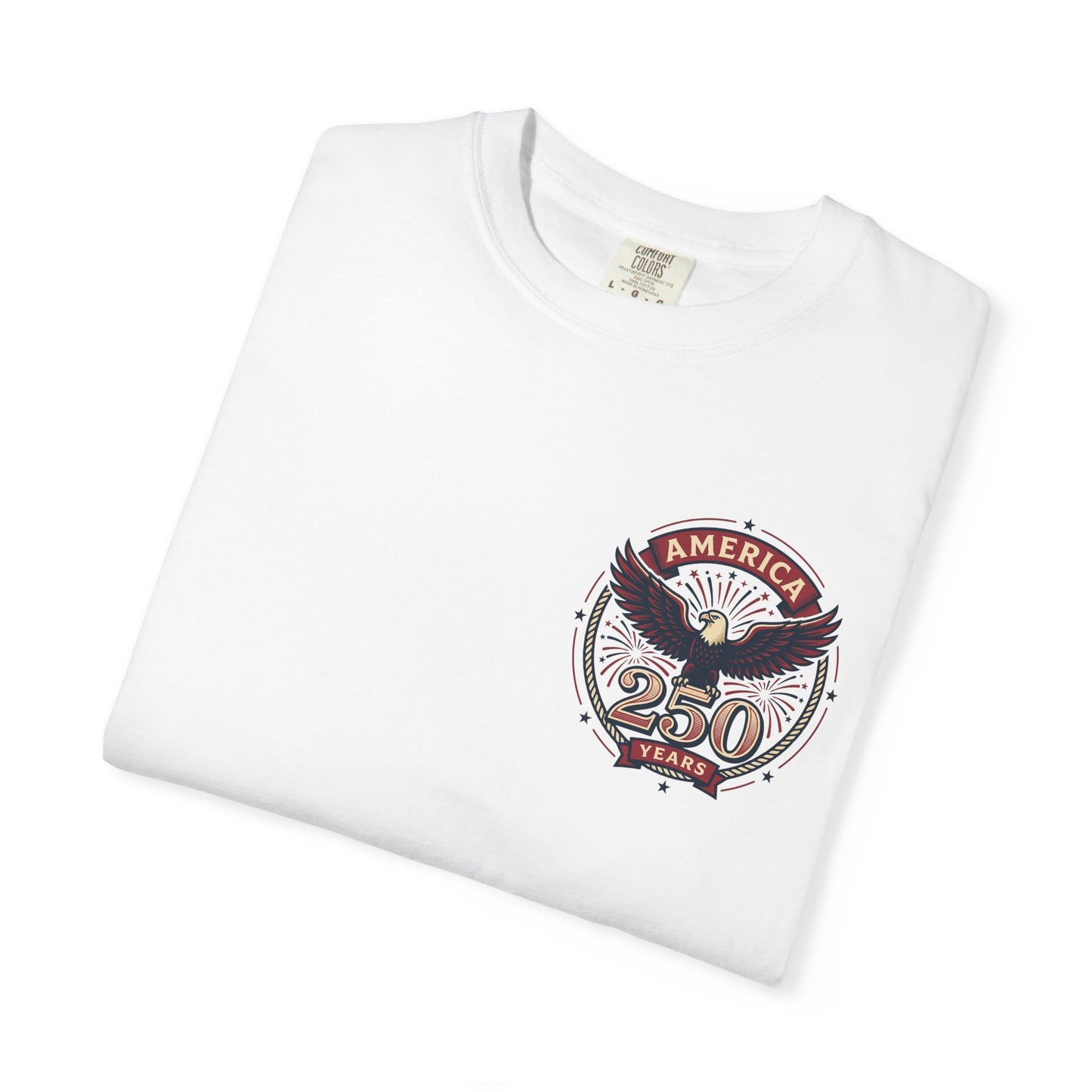 White T-shirt with circular "America" eagle emblem and "250 Years" graphic on the chest.