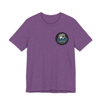 Purple crew-neck T-shirt with Fleming Racing logo patch on chest