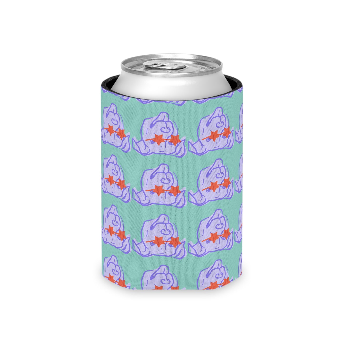Neoprene can cooler on a can, lavender background with star-eyed dog faces in orange.