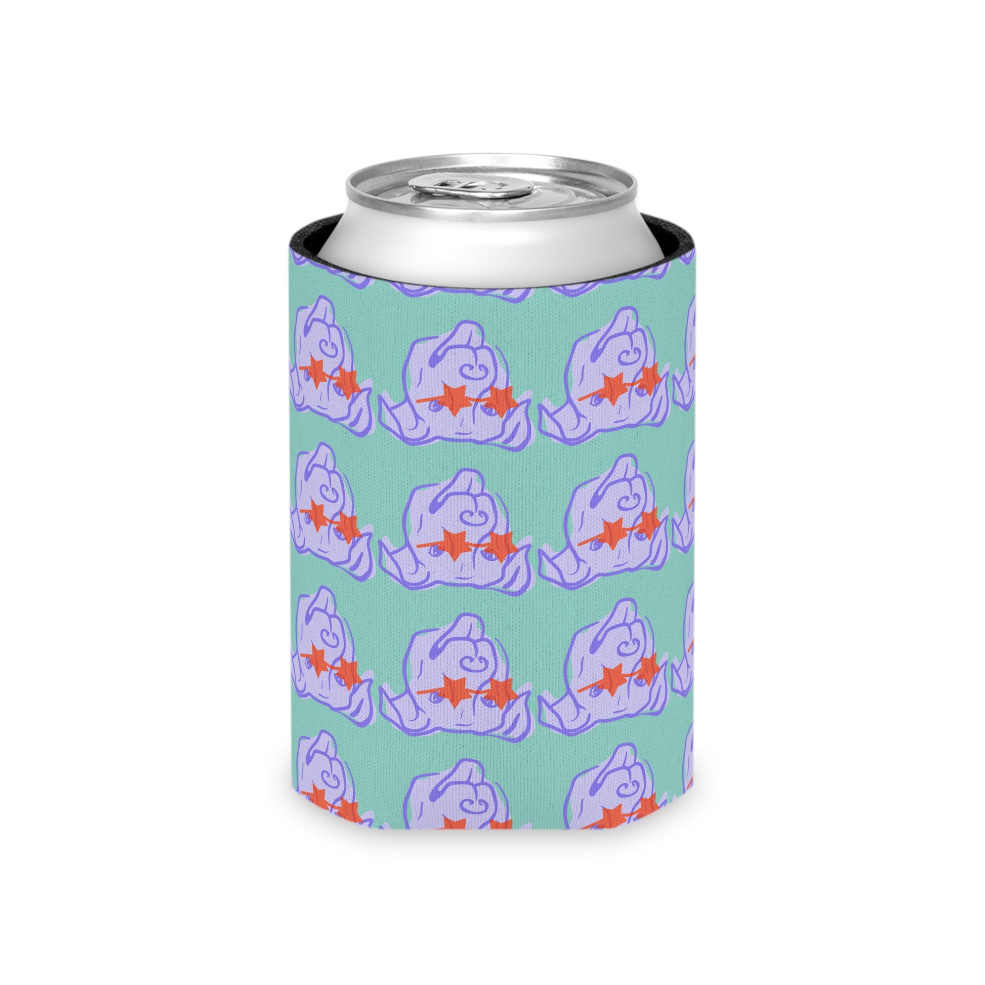 Neoprene can cooler on a can, lavender background with star-eyed dog faces in orange.