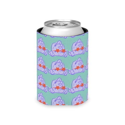 Neoprene can cooler on a can, lavender background with star-eyed dog faces in orange.
