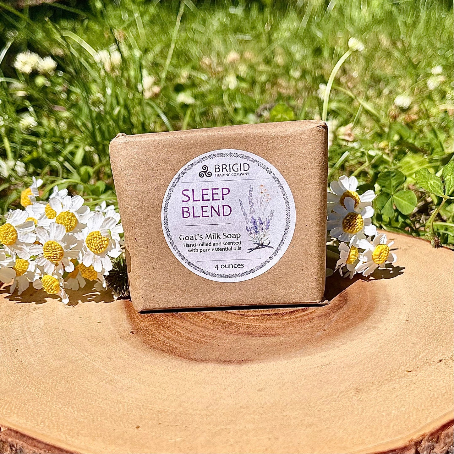 Sleep blend goat milk soap bar in brown kraft box, 4 oz