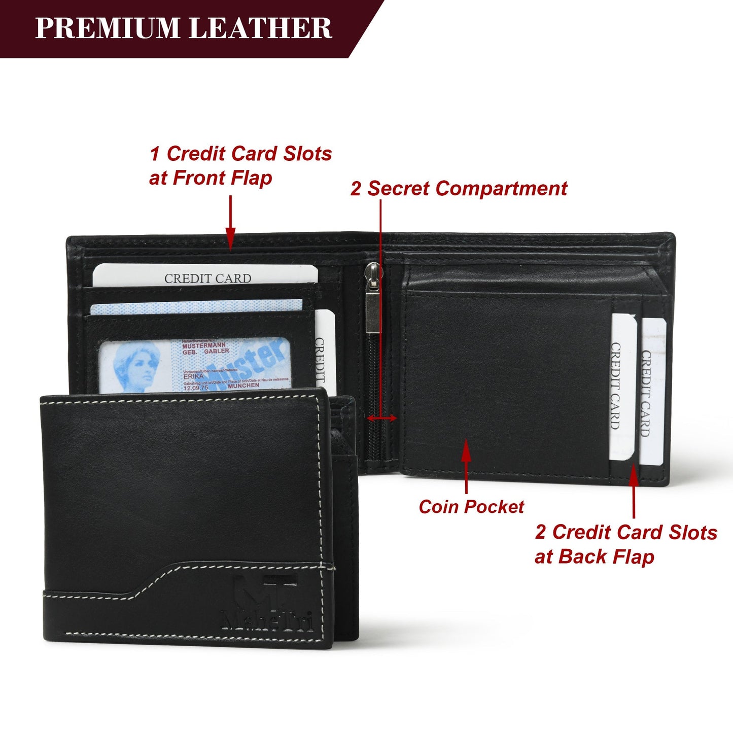 Black bi-fold wallet with coin pocket and card slots behind the back flap.