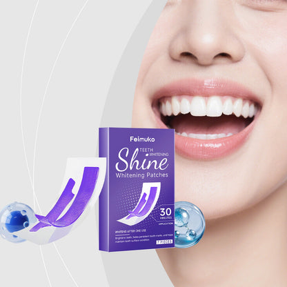 Teeth whitening patches box with purple packaging and blue gel applicator
