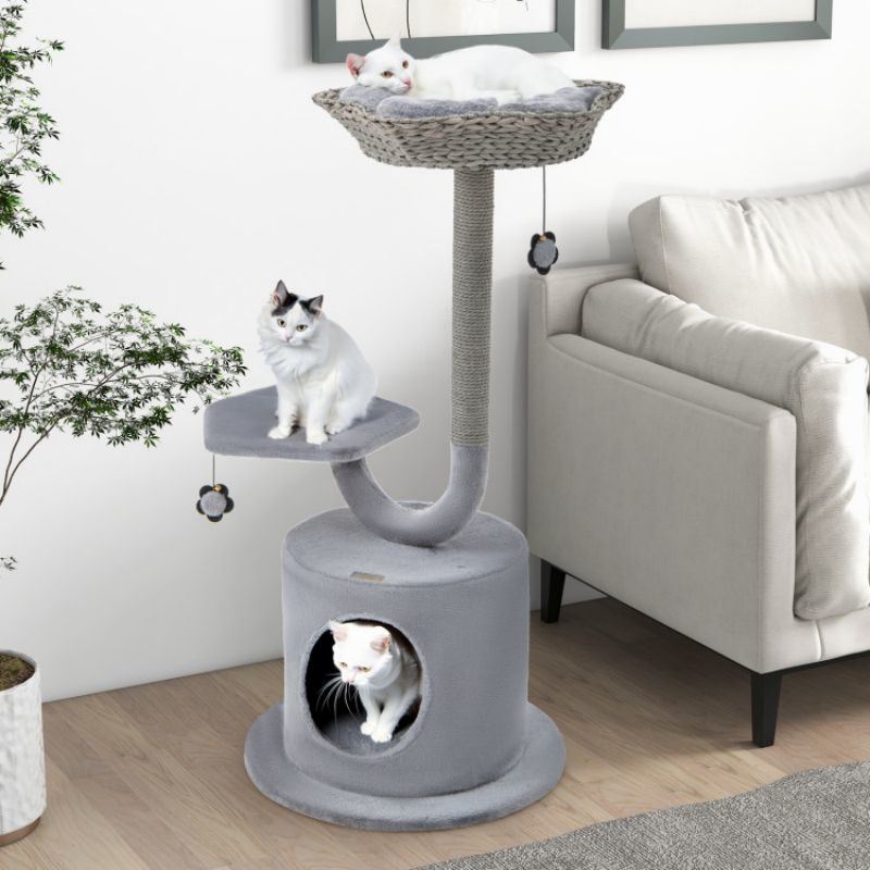 42 Inch Tall Cat Tower with Curved Metal Supporting Frame for Large and Small Cats - Renee Lane Company