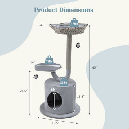 42 Inch Tall Cat Tower with Curved Metal Supporting Frame for Large and Small Cats - Renee Lane Company