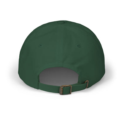 Green dad cap with curved brim and adjustable back strap