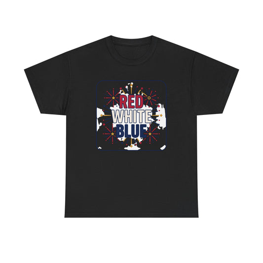 Patriotic fireworks T-shirt, black with centered red, white, and blue fireworks graphic