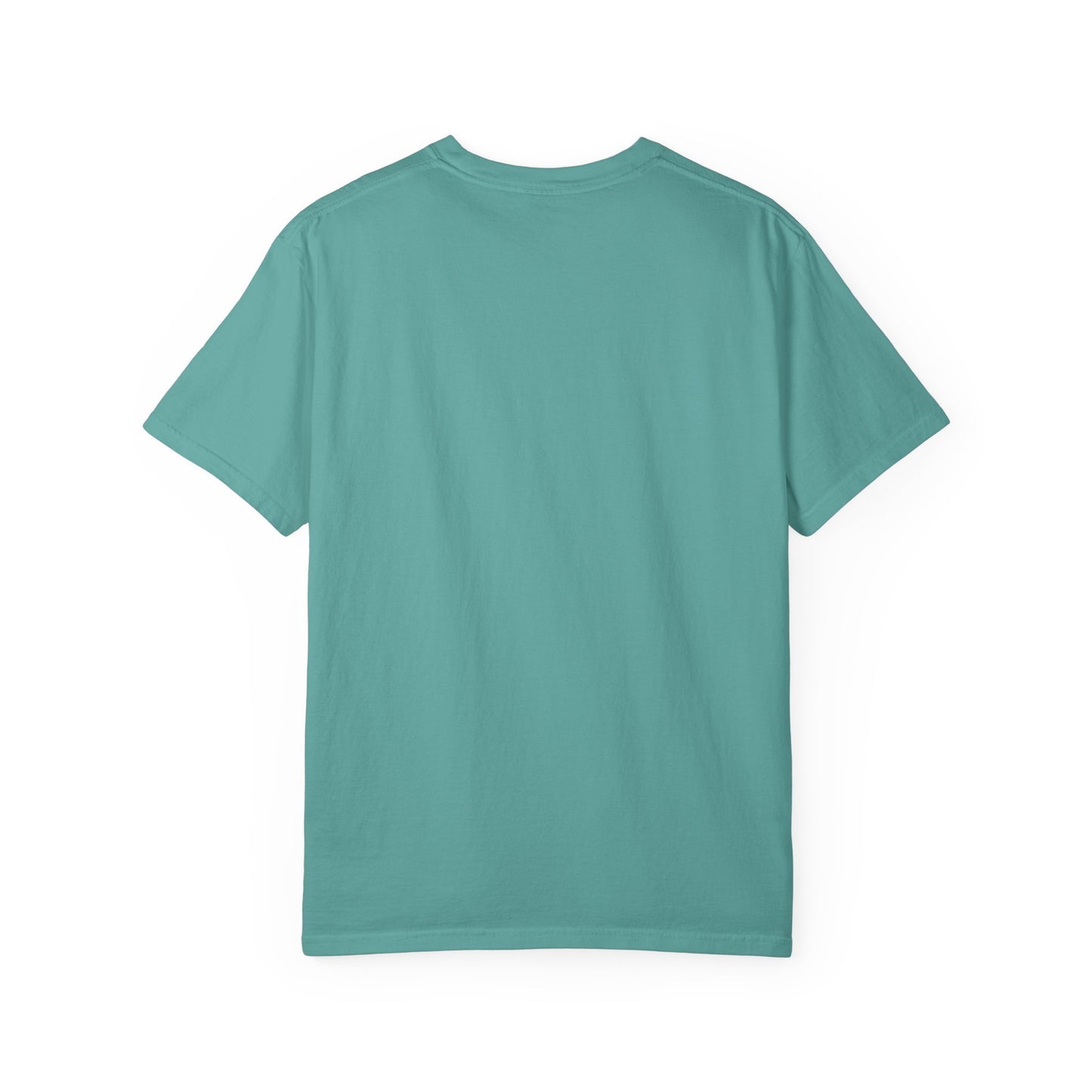Teal T-shirt with crew neck and short sleeves, no visible graphic.