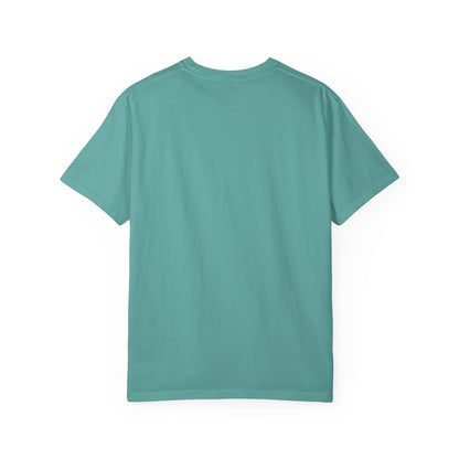 Teal T-shirt with crew neck and short sleeves, no visible graphic.