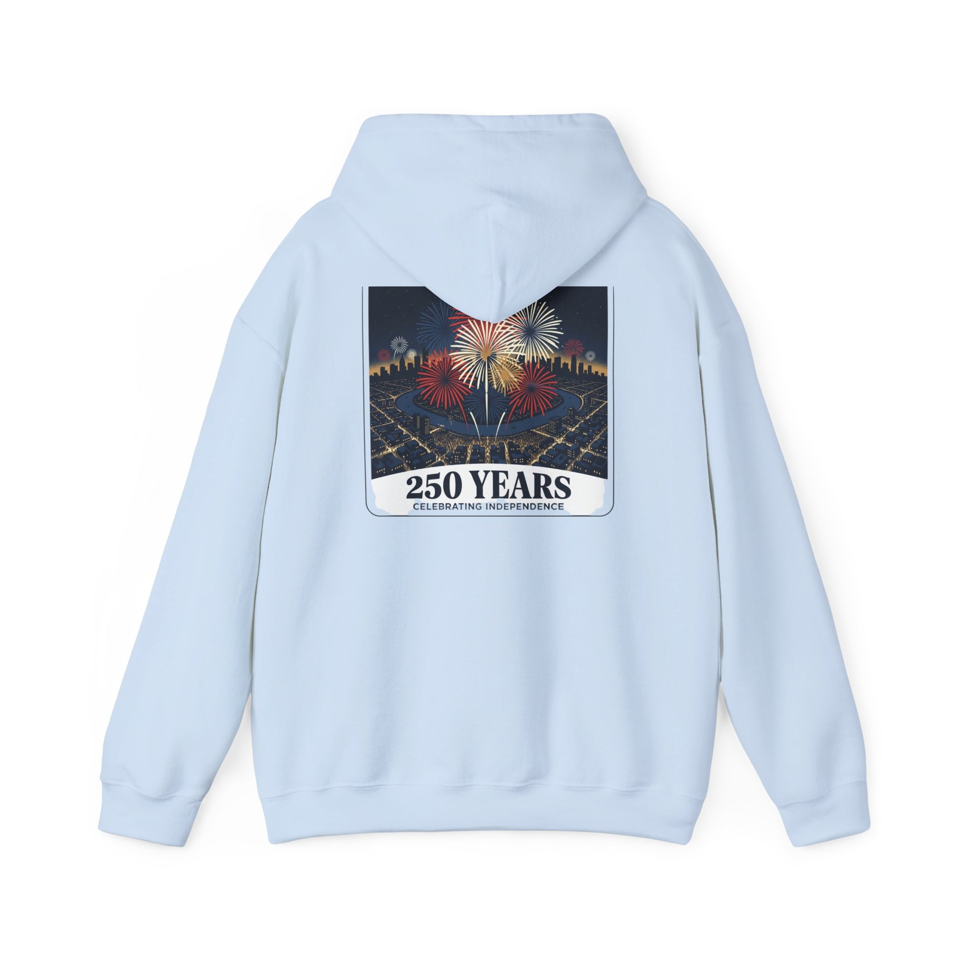 Light blue graphic hoodie with back fireworks “250 years” and “Celebrating independence”