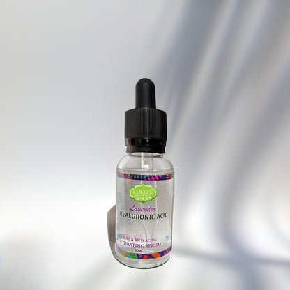 Lavender hyaluronic acid serum bottle with black dropper cap