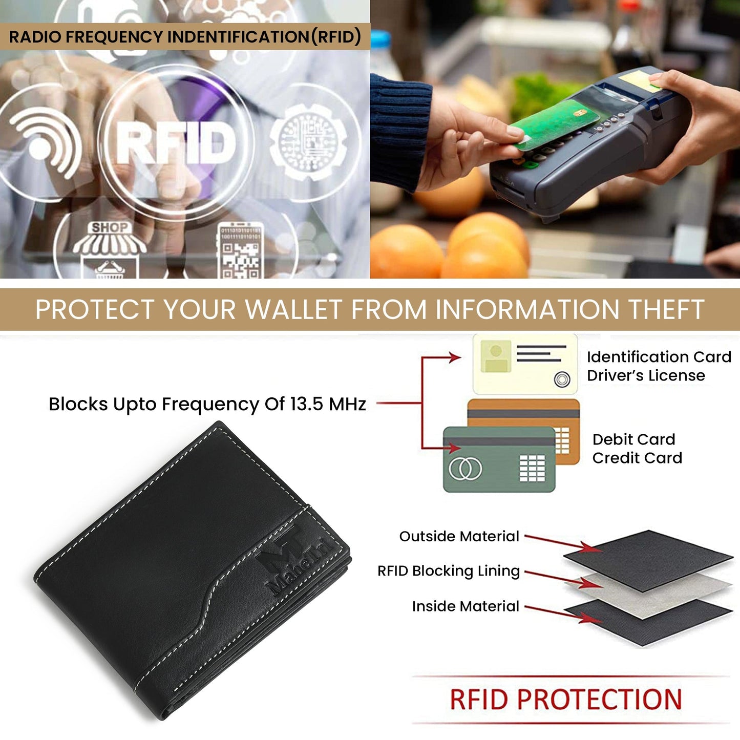 Black leather bi-fold wallet with RFID blocking lining for card protection.