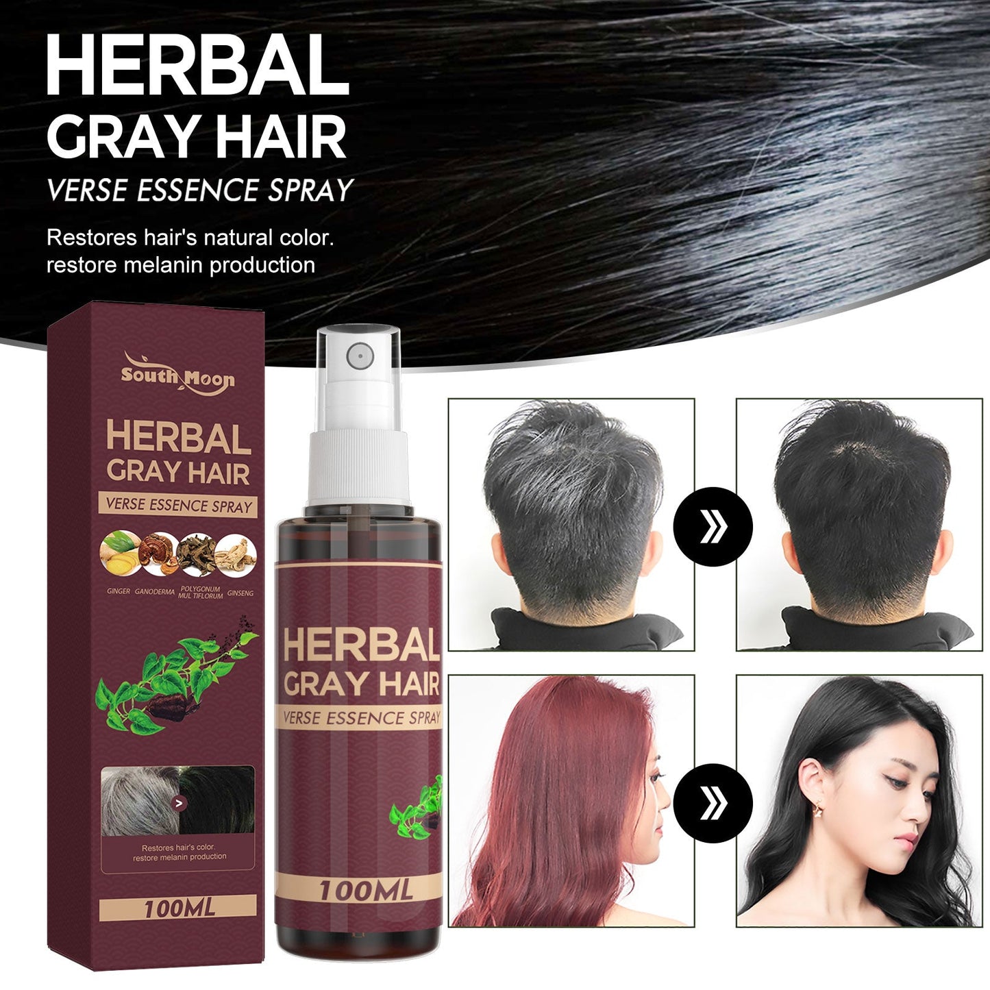 Herbal gray hair spray bottle with maroon box and hair color swatches