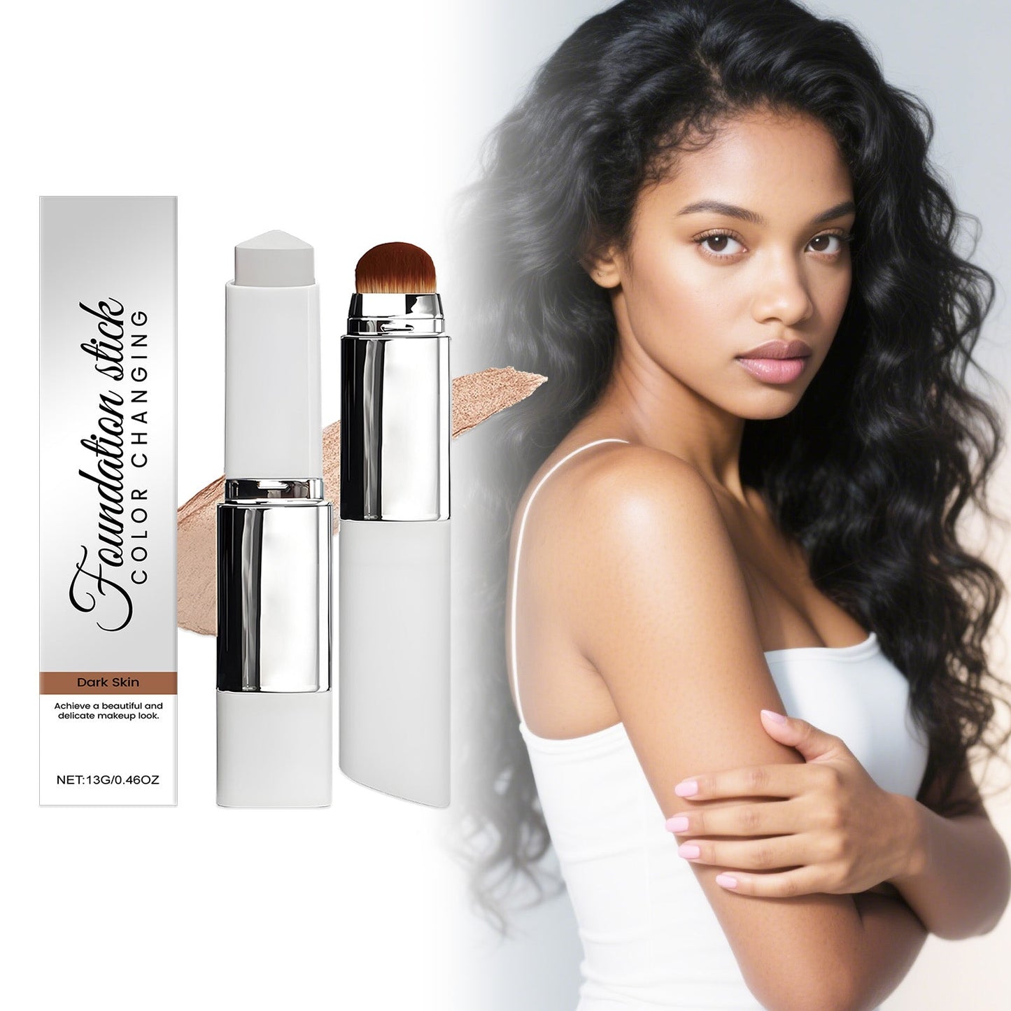 Color-changing foundation stick set with brush and beige swatch, dark skin tone