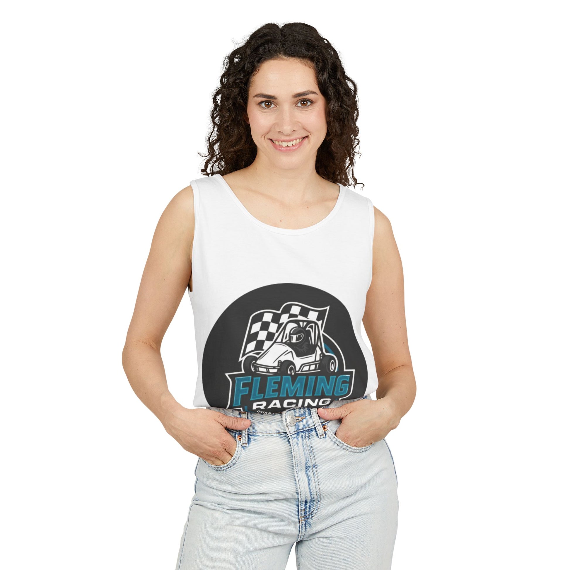 White racing tank top worn by model with Fleming Racing circular graphic front