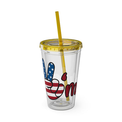 Clear 16oz tumbler with yellow straw and blue/red peace sign graphic