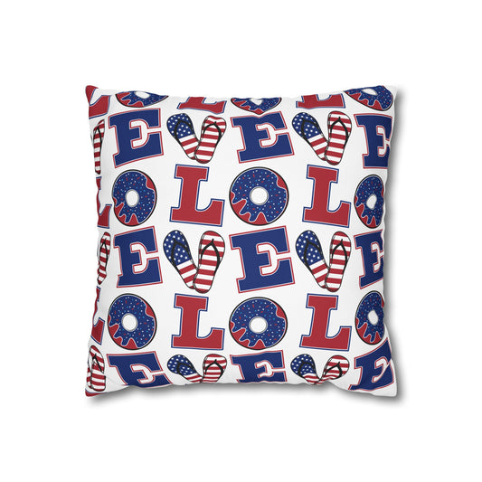 Patriotic LOVE pattern pillowcase with heart-shaped American flag motifs and stars