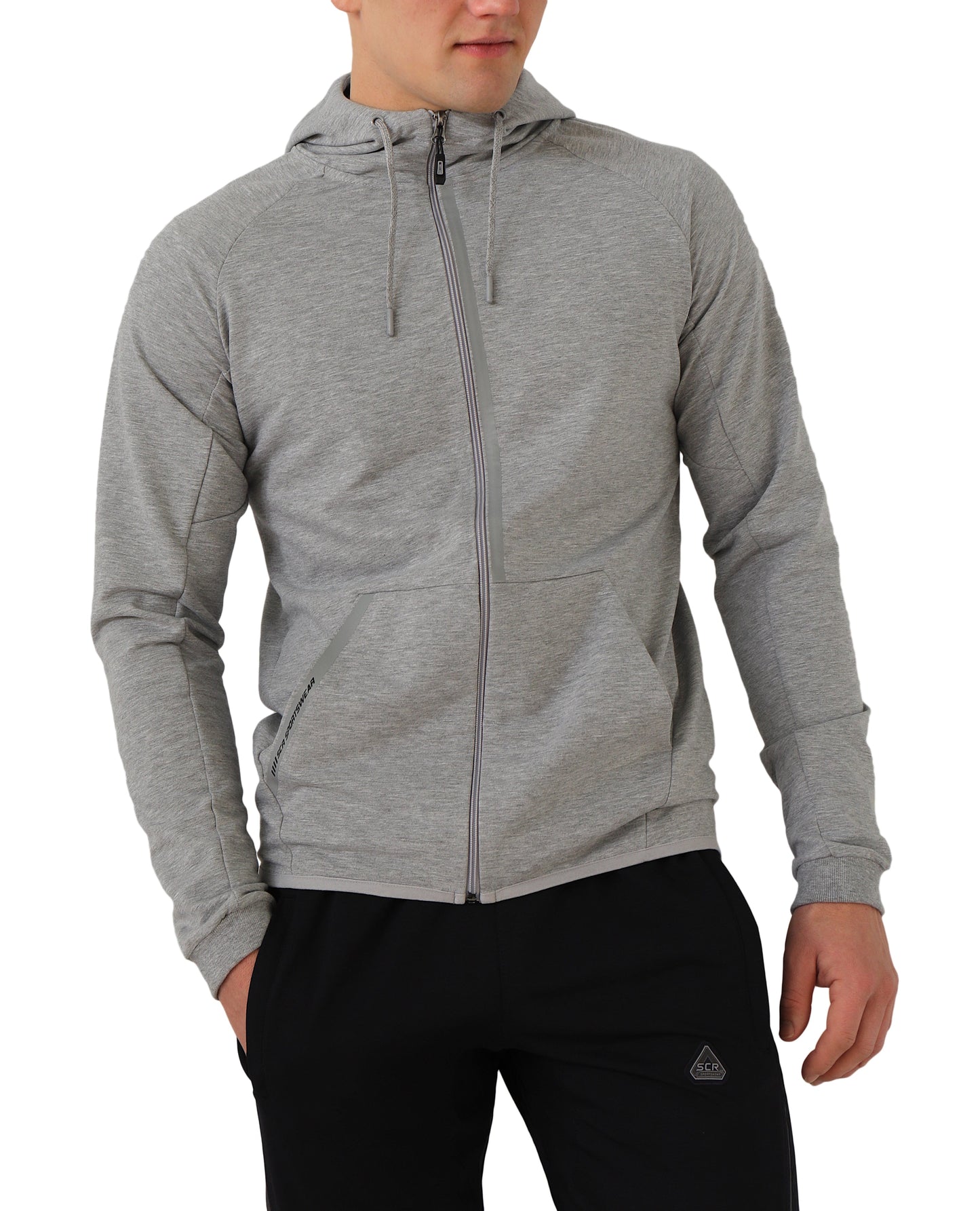 Heather grey zip-up hooded slim-fit sweatshirt with drawstring hood and front pockets