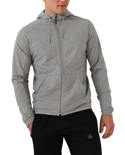 Heather grey zip-up hooded slim-fit sweatshirt with drawstring hood and front pockets