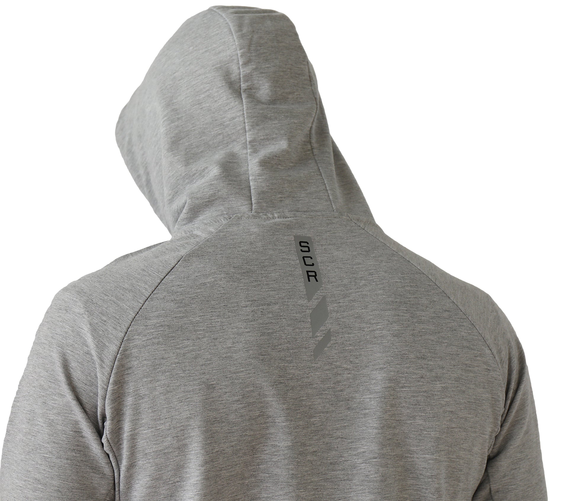 Heather grey hooded slim-fit sweatshirt back detail with vertical neck logo print