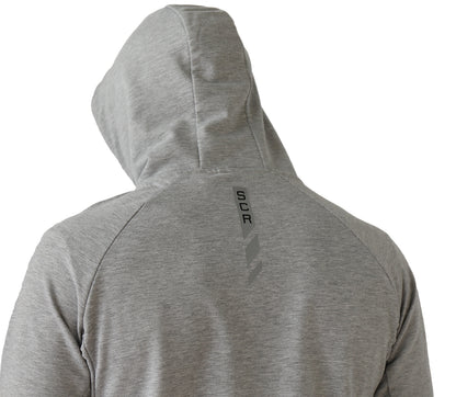 Heather grey hooded slim-fit sweatshirt back detail with vertical neck logo print