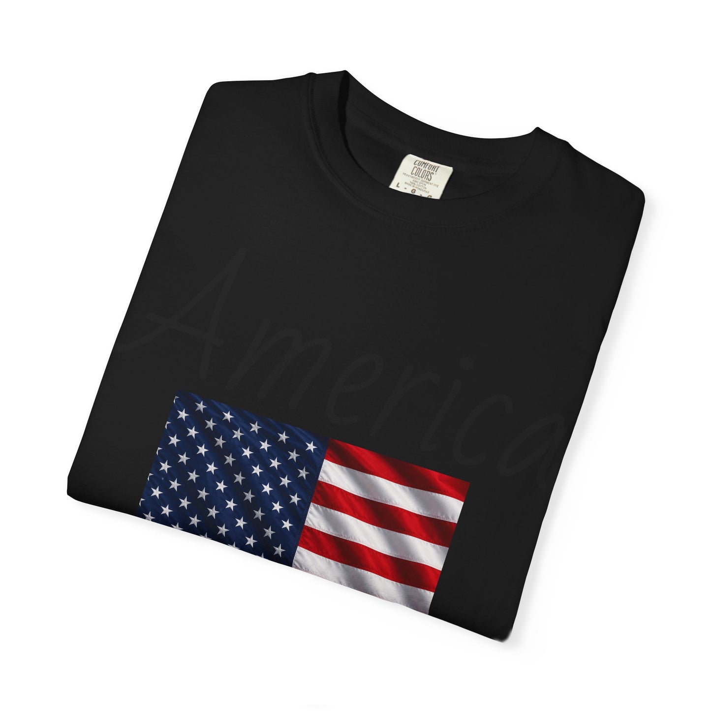 Unisex T-shirt, black, “America” text over U.S. flag graphic on front