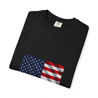 Unisex T-shirt, black, “America” text over U.S. flag graphic on front