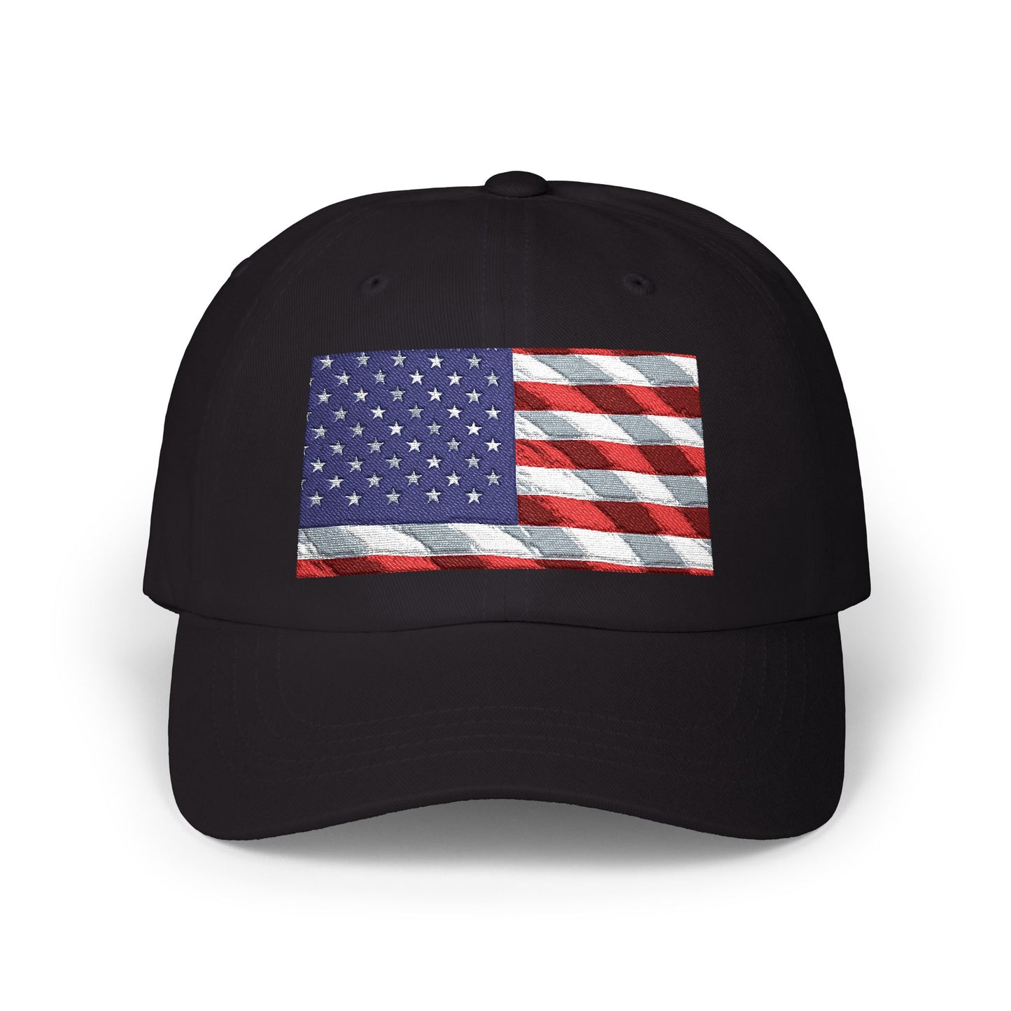 Black dad cap with distressed American flag patch embroidery on front