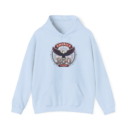 Light blue pullover hoodie with eagle and “250 Years” graphic on chest