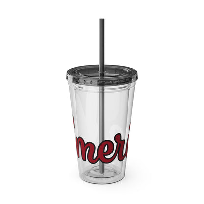 Clear 16oz tumbler with lid and black straw, red and black "mer" graphic