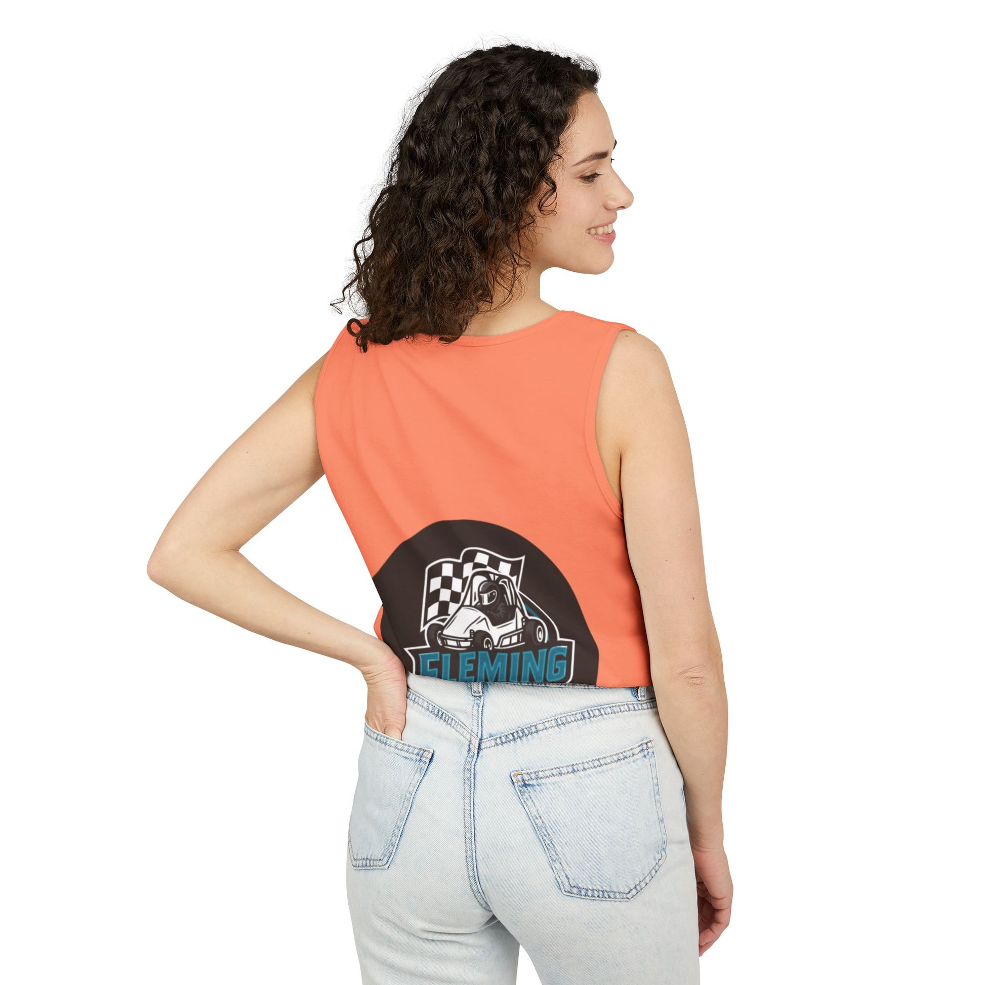 Coral racing tank top back view with black motorsports logo graphic