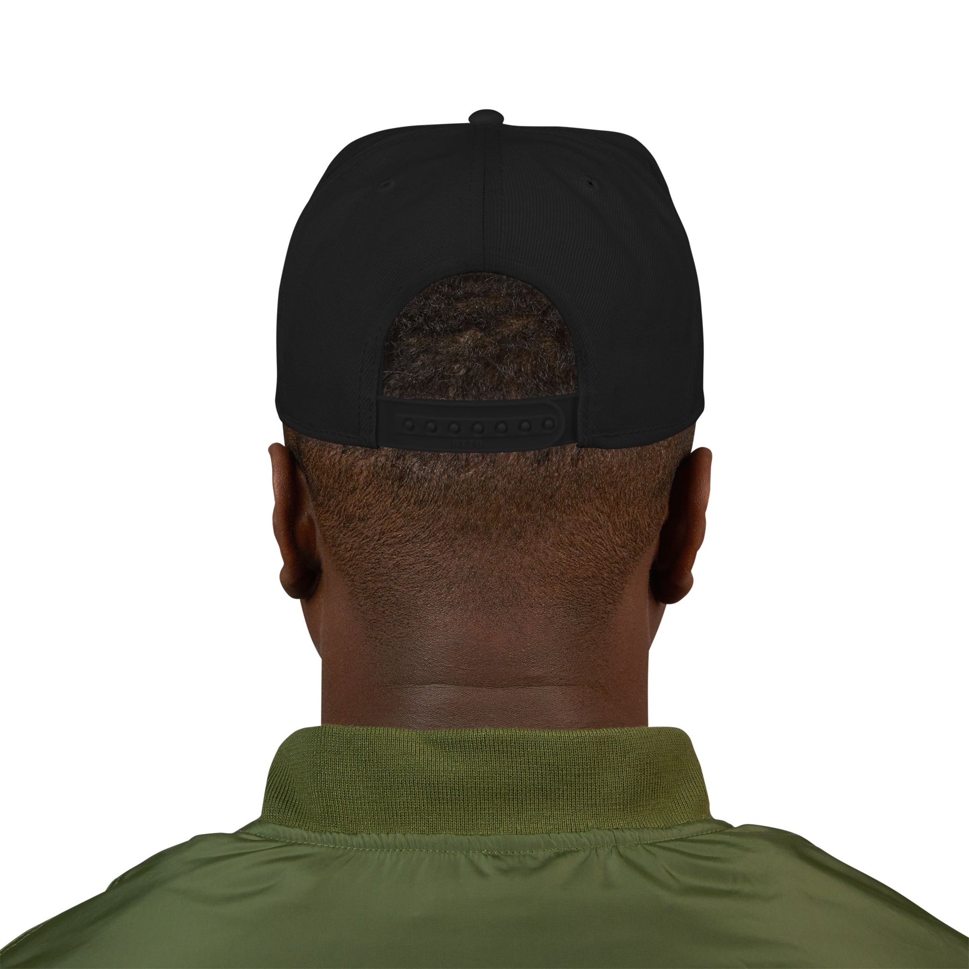 Baseball cap in black with adjustable snap band, rear view