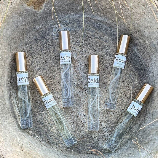 10ml eau de parfum bottles with silver caps, assorted label names