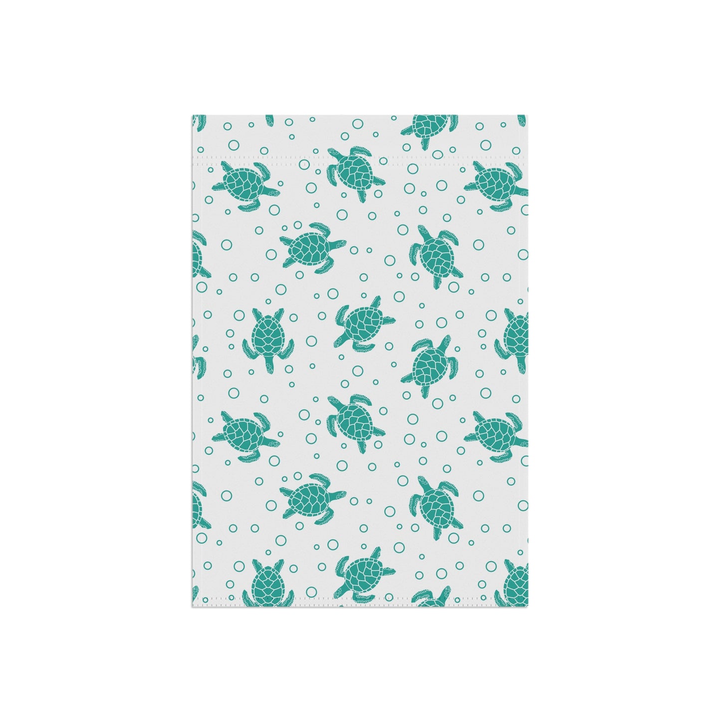 Sea turtle pattern garden flag, teal turtles on white with small dot accents