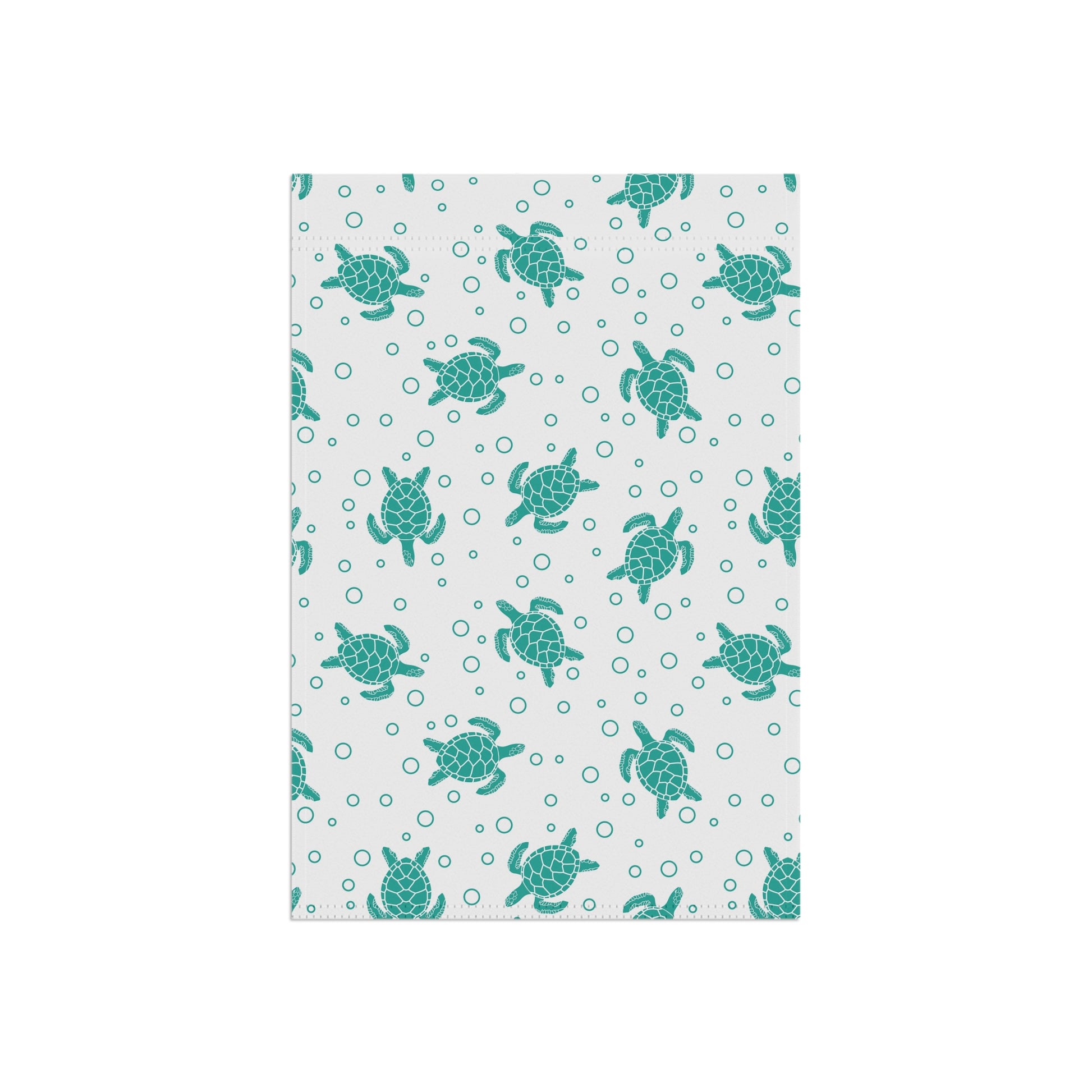 Sea turtle pattern garden flag, teal turtles on white with small dot accents