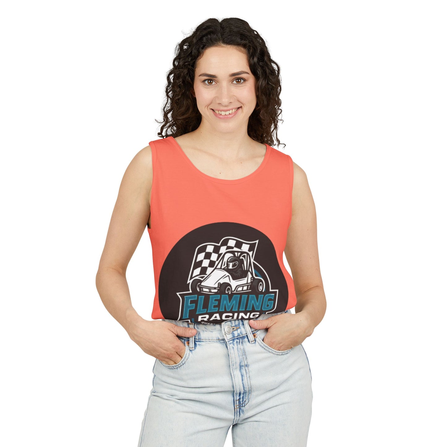Coral scoop-neck racing tank top with black motorsports graphic at chest