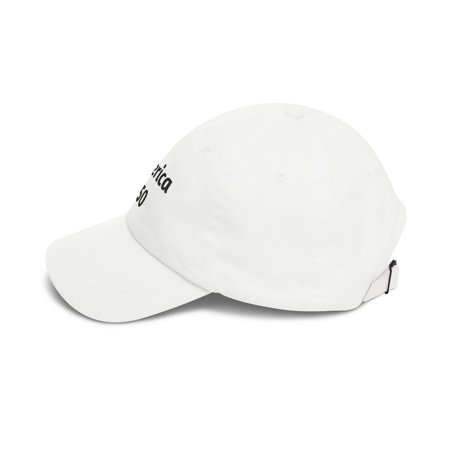 White dad cap with curved brim and embroidered side text