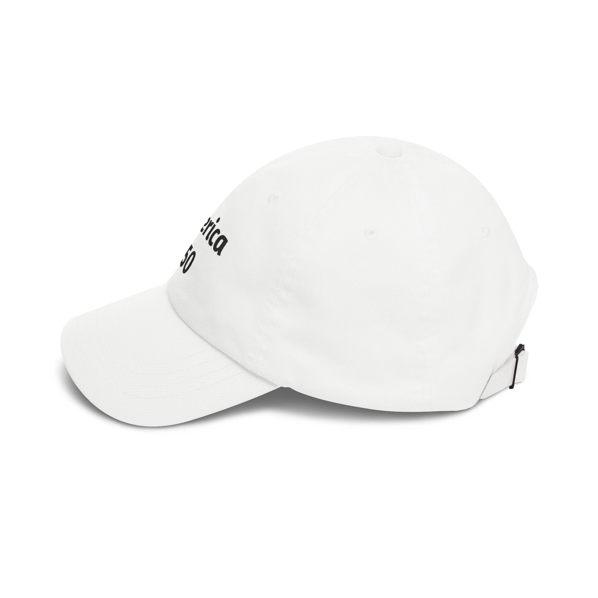 White dad cap with curved brim and embroidered side text