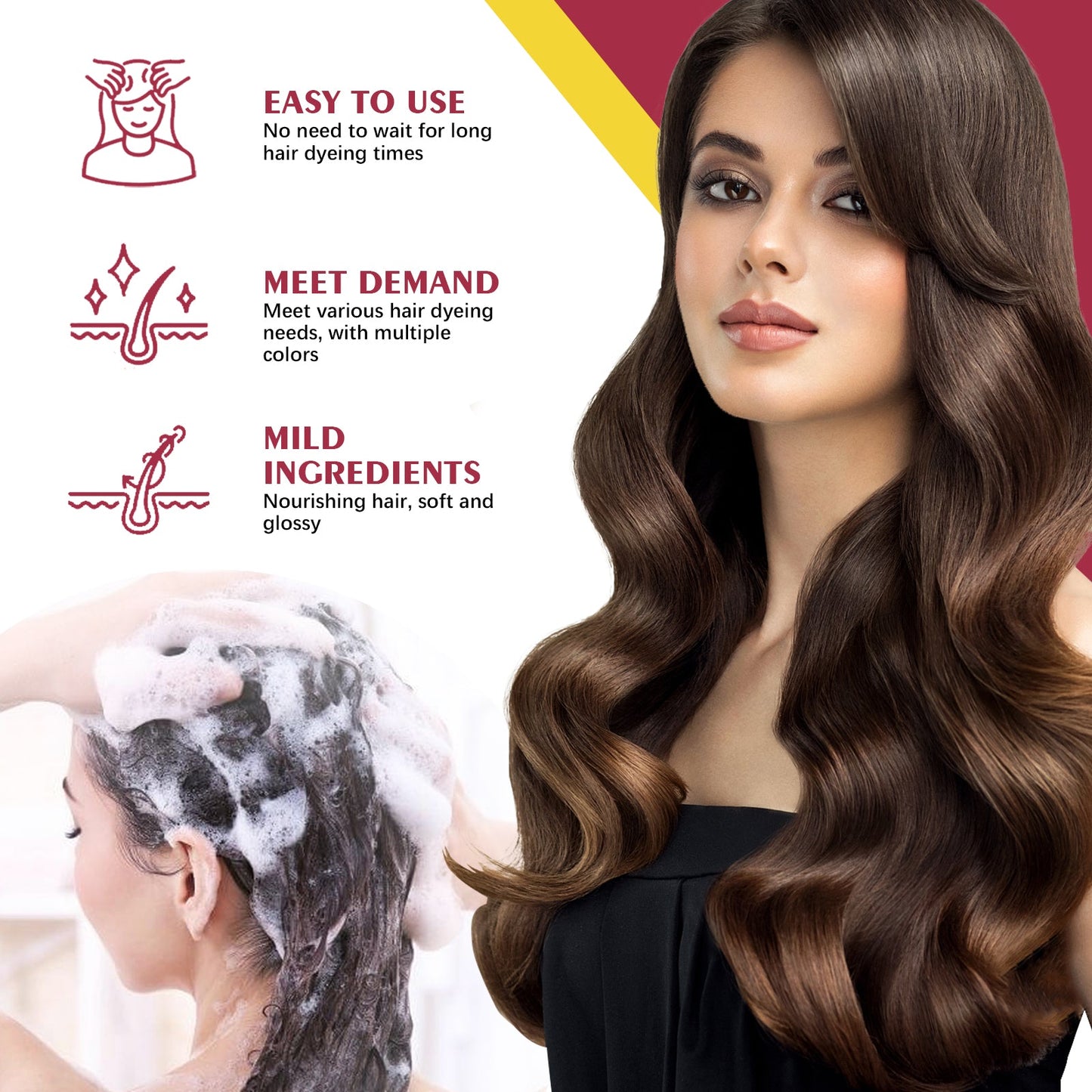 Hair dye shampoo with foam on hair and model wearing dark brown hair