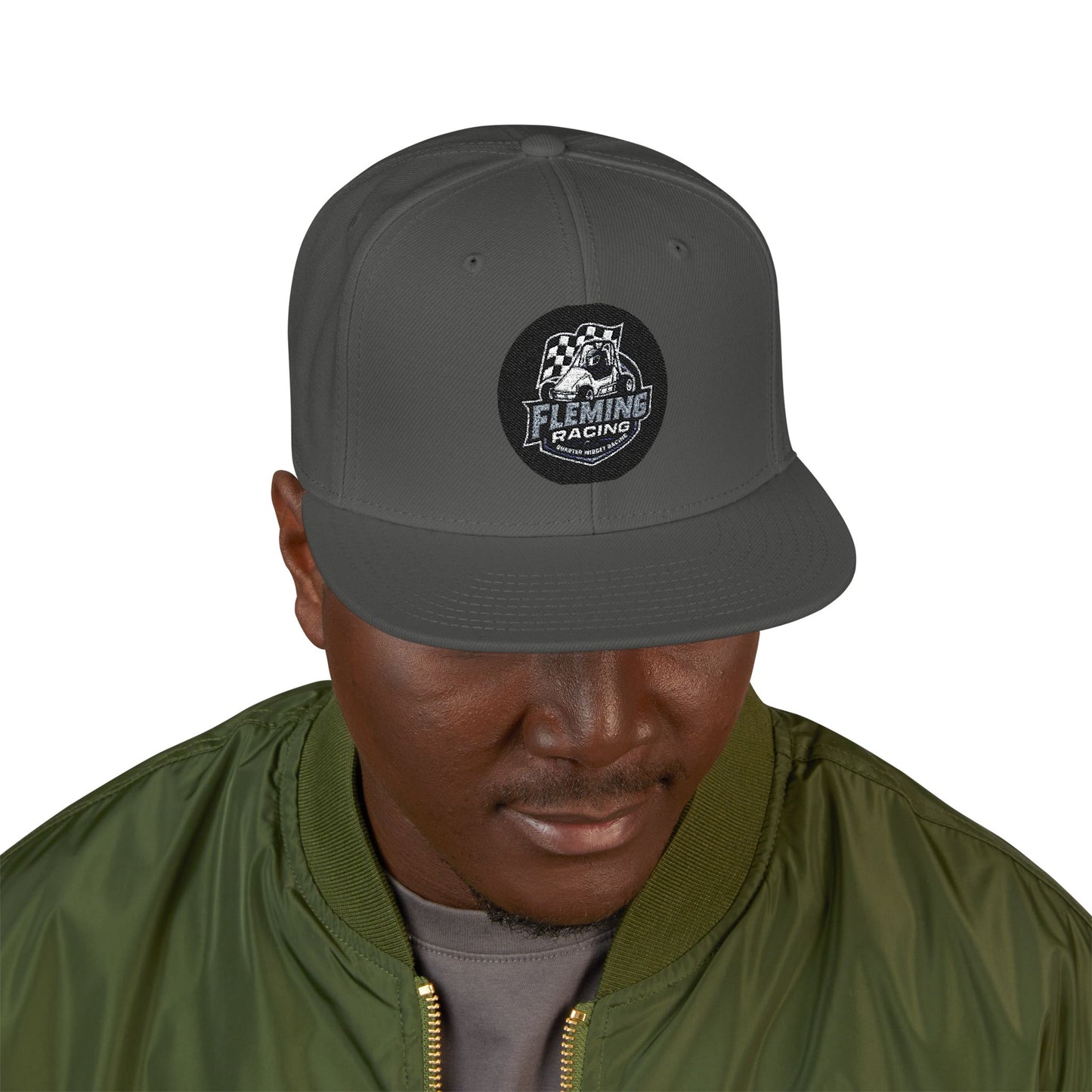 Embroidered patch baseball cap, dark gray with black brim and front logo