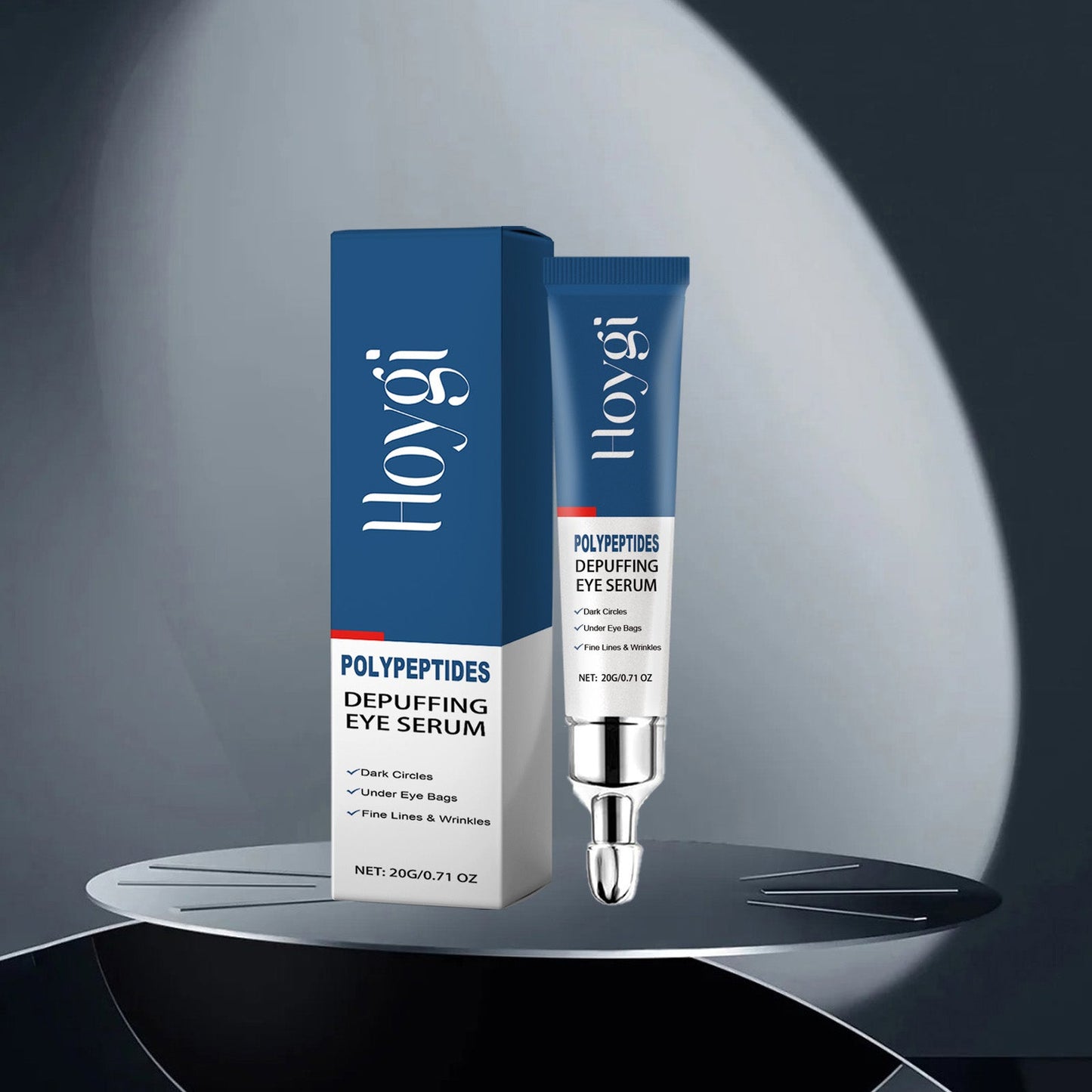 De-puffing eye serum cream: blue box and tube with silver tip on display base