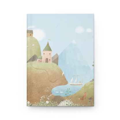 Hardcover journal with countryside scene cover—mountains, cottage, and sailboat
